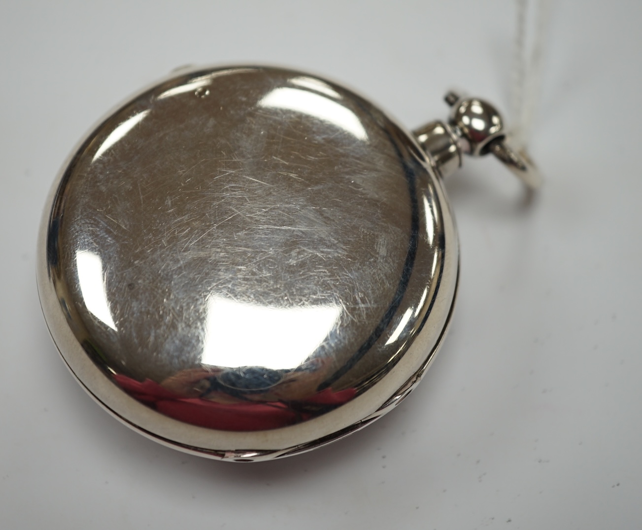 A Victorian silver pair case key wind verge pocket watch, by H. Foster of Ashford, with Roman dial, outer case diameter 58mm. Fair condition (lacking minute hand).